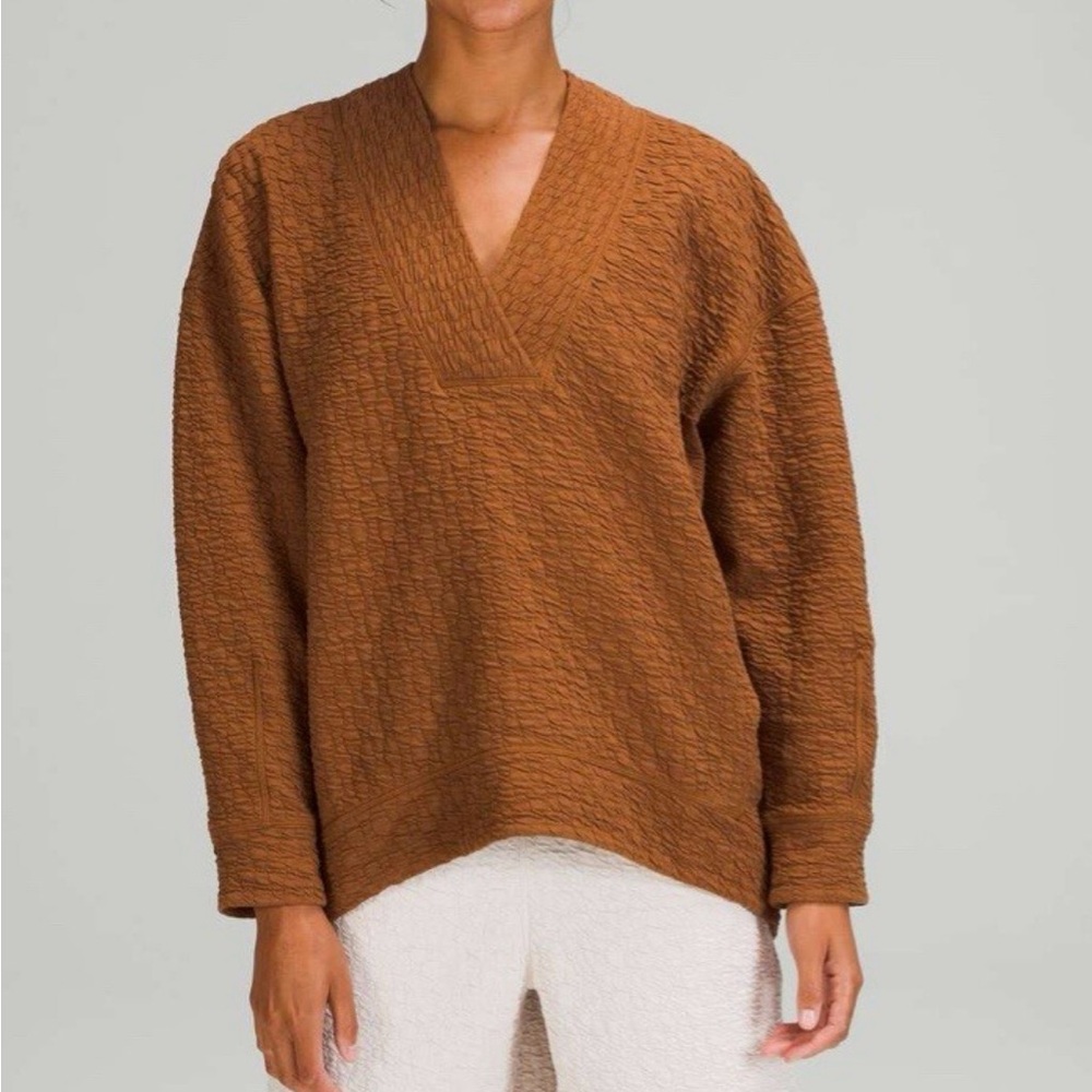 Lululemon Rippled Knit V-Neck Pullover Copper Brown Women’s Size 6 Long Sleeve - Picture 1 of 12
